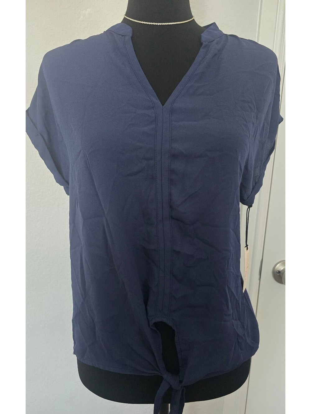 No Frills Los Angeles Navy Blue Tie-Front Blouse Size S
